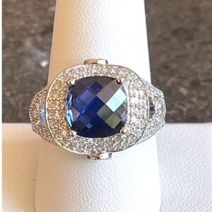 Sterling Silver Cushion-Cut Blue Simulated Sapphire &CZ Halo Statement Ring SZ10